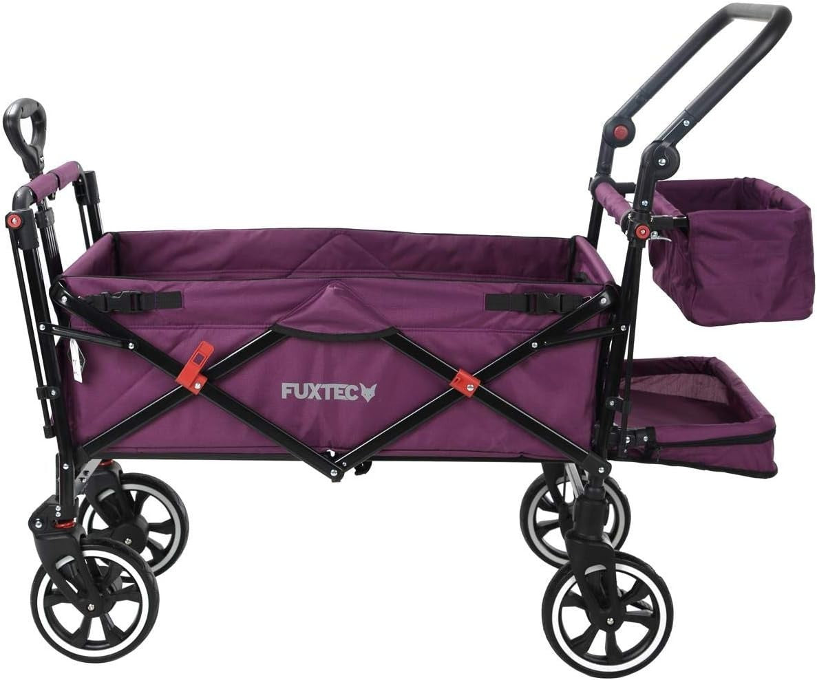 Purple Folding Stroller Wagon Kids Push Pull Cart w/ Canopy & Safety Harness