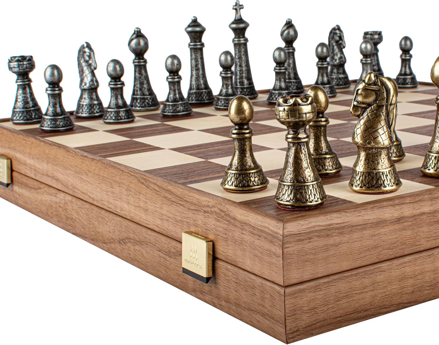 Luxury Brass & Pewter Chess Set 46cm Board | Walnut Wood Storage Box