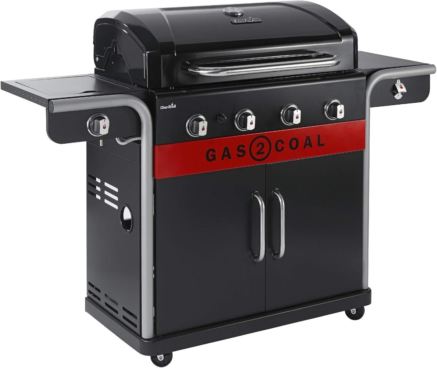 4 Burner Hybrid Gas Charcoal BBQ Grill Outdoor Family Barbecue with Side Shelves