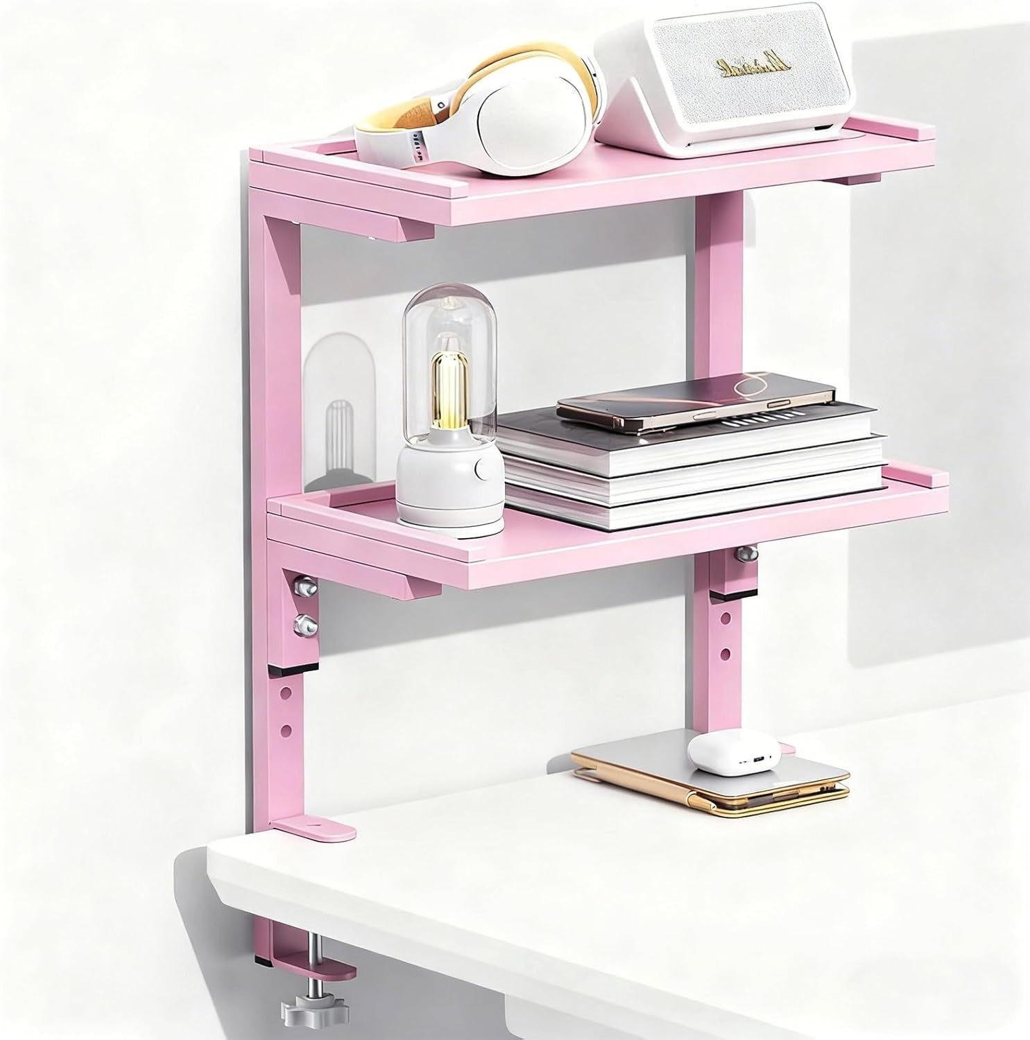 Pink Clamp-On Desk Shelf 2-Tier Adjustable Desktop Organizer Storage Rack