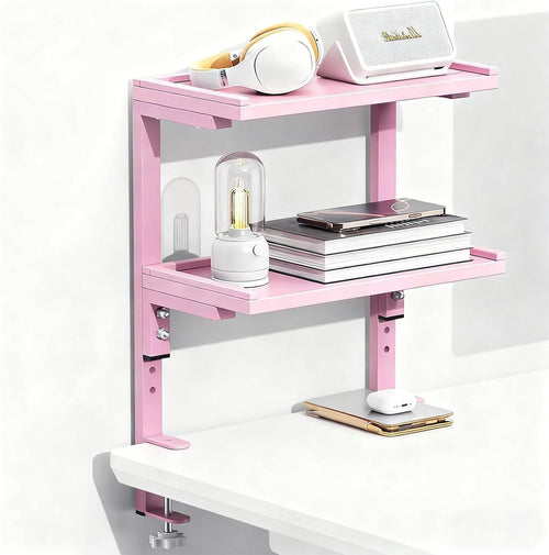 Pink Clamp-On Desk Shelf 2-Tier Adjustable Desktop Organizer Storage Rack