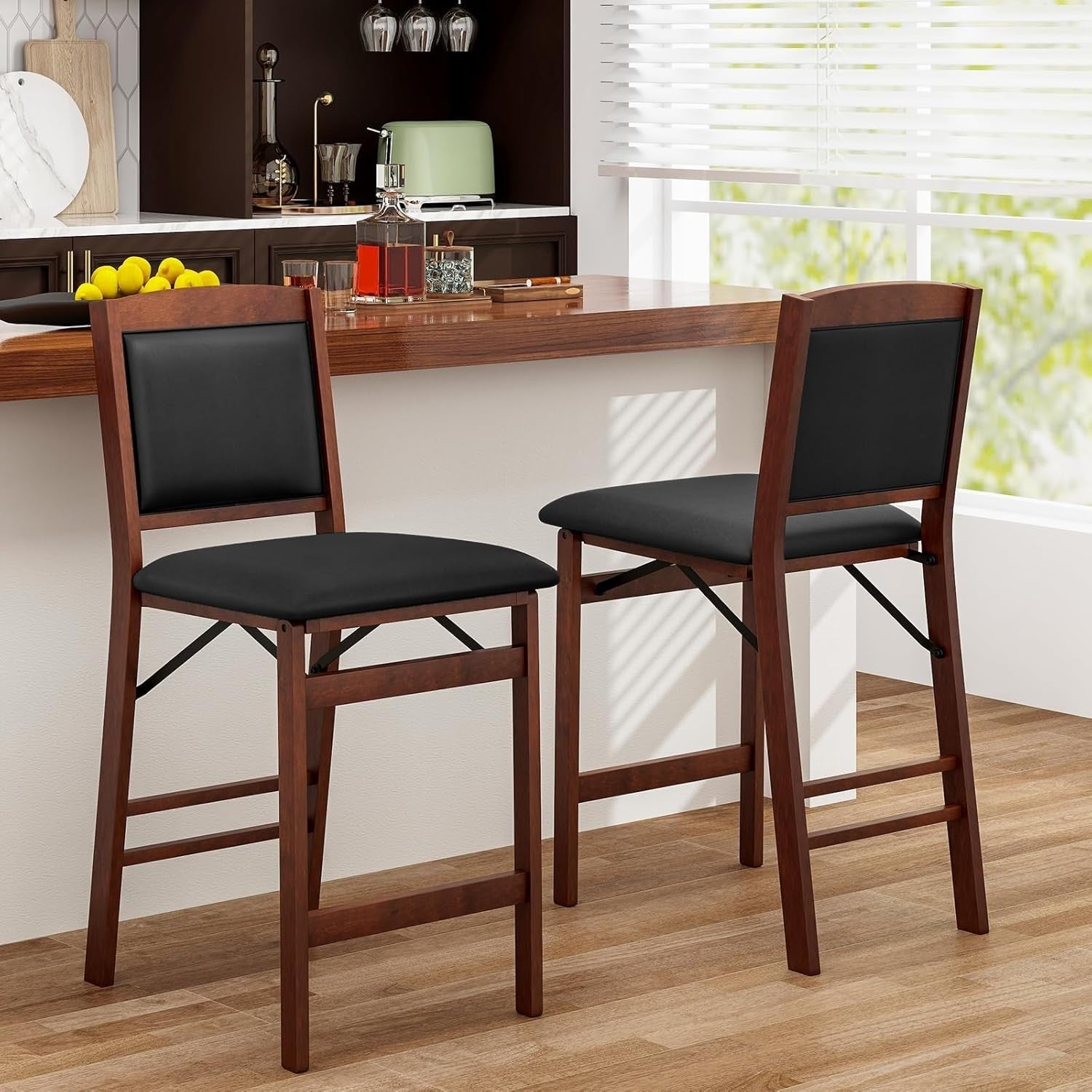 Folding Bar Stool Set of 2 | PVC Leather Counter Height Chair