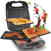 3-in-1 Snack Maker 1200W Waffle Toastie Grill Press Removable Plates