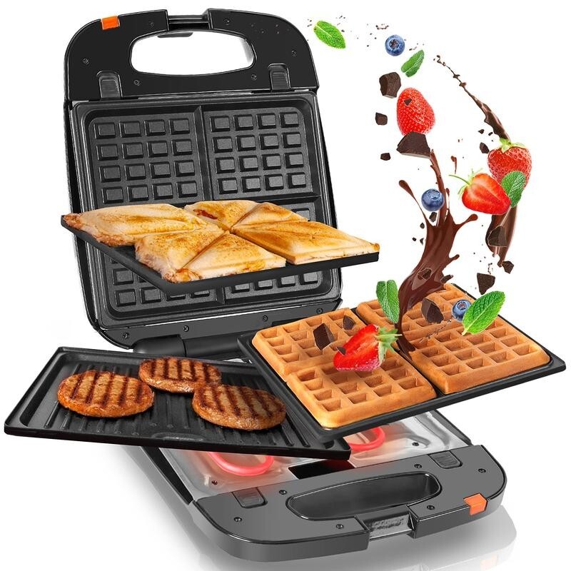 3-in-1 Snack Maker 1200W Waffle Toastie Grill Press Removable Plates