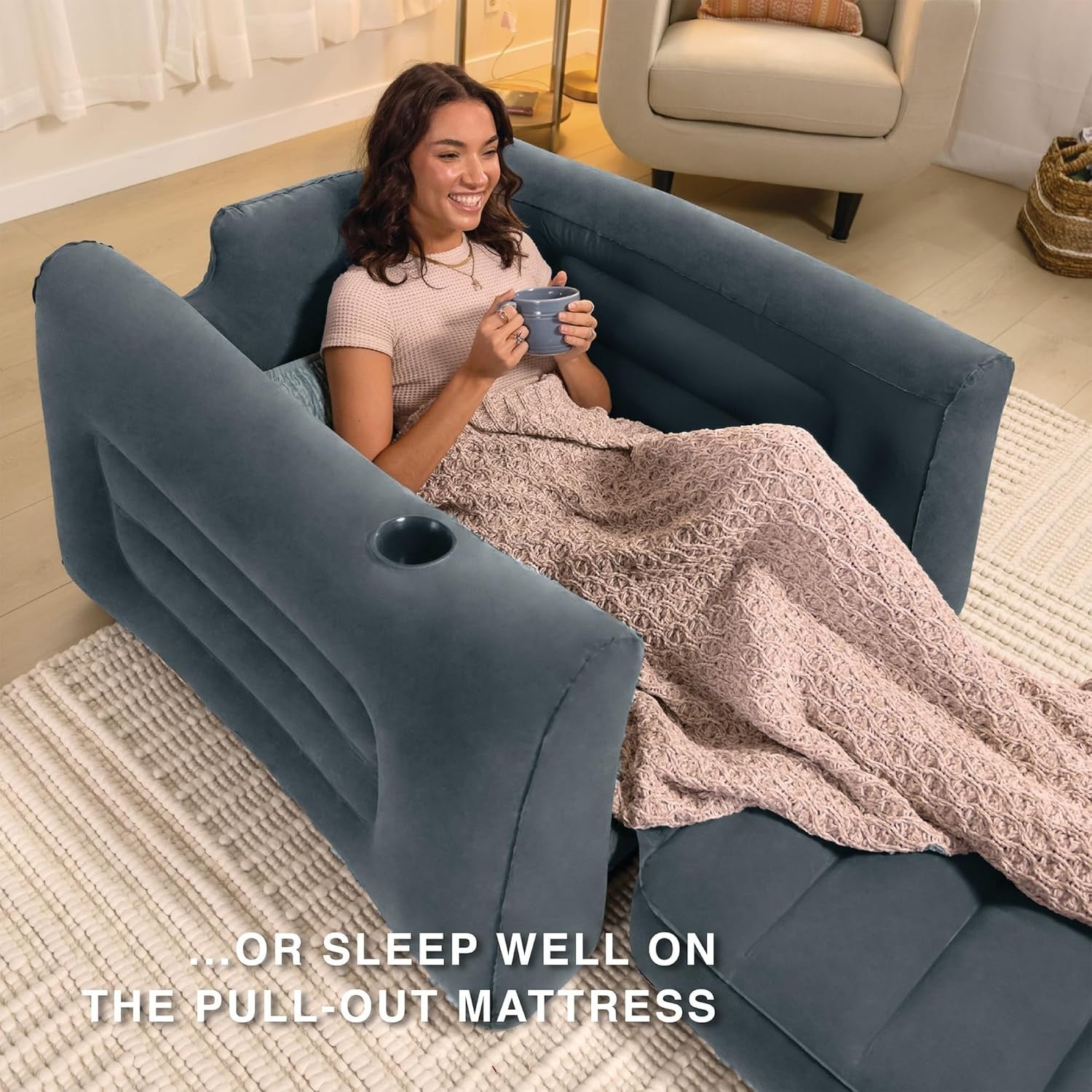 Inflatable Pull-Out Chair – 2-in-1 Bed & Lounger with Cupholder