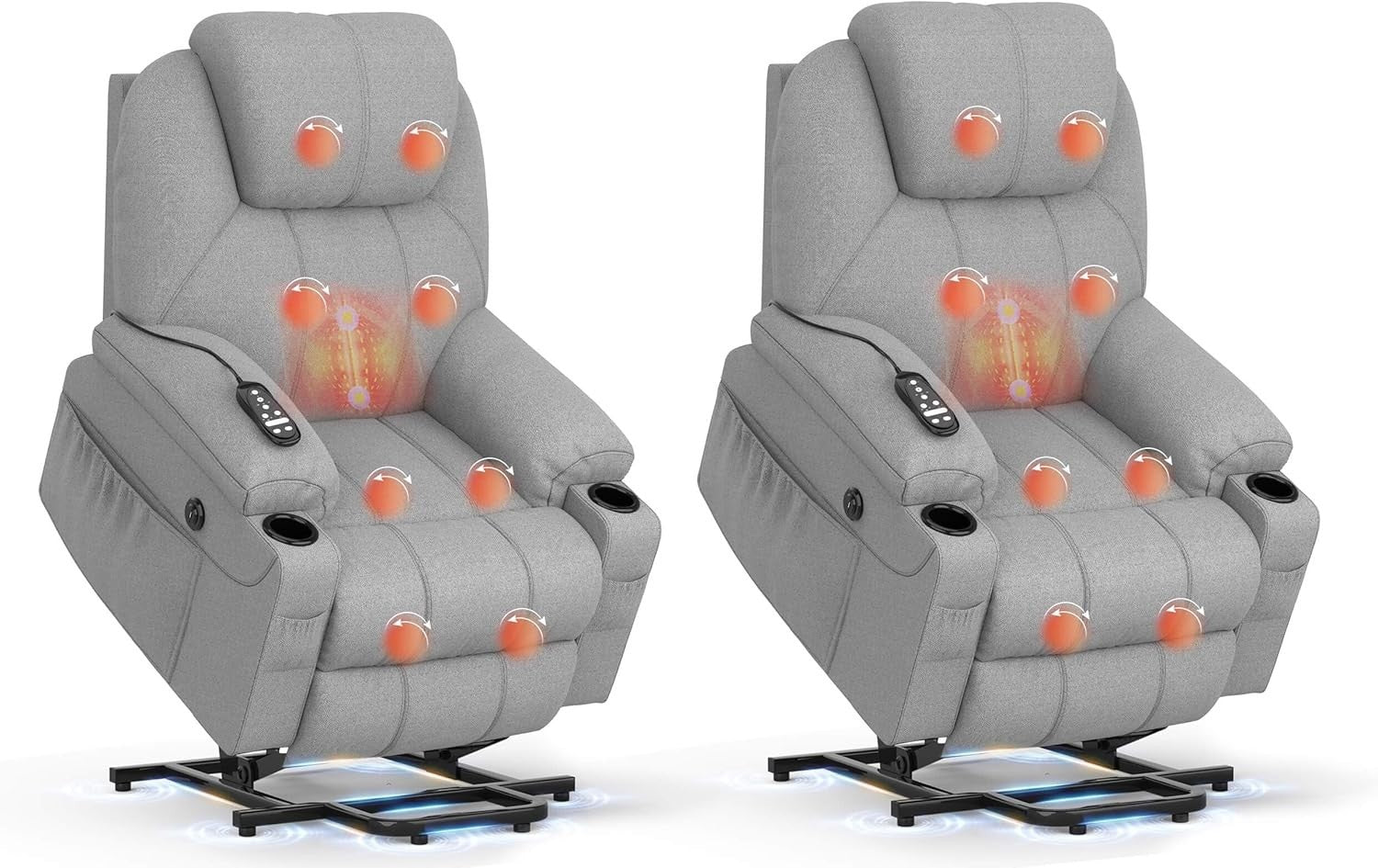 Set of 2 Power Lift Recliners Massage Heat USB-C Footrest Cup Holders Grey
