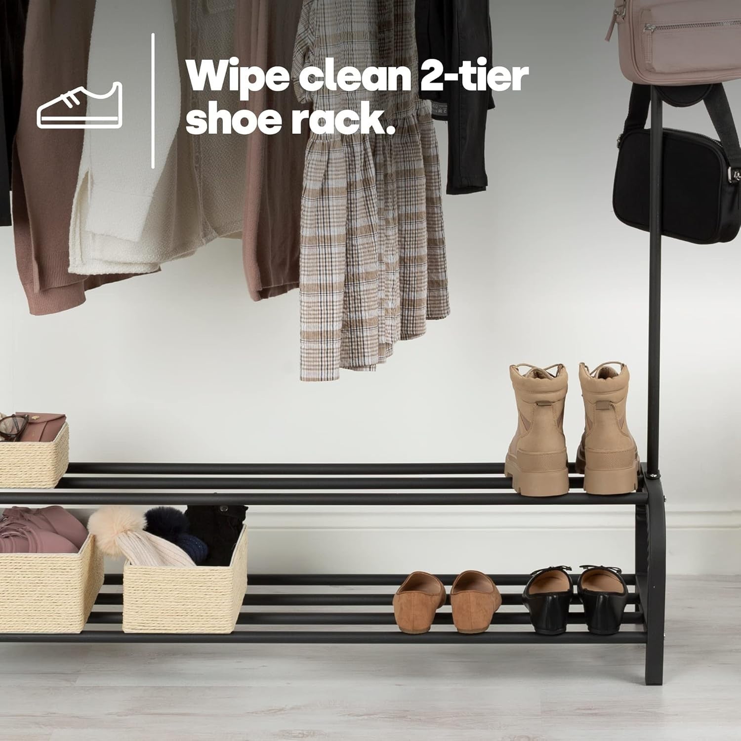 Heavy Duty Clothes Rail with 2-Tier Shoe Shelf – Black 150cm
