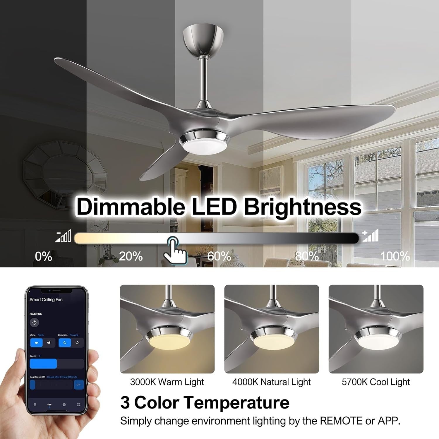 Reiga 132cm Smart Ceiling Fan Remote Silver Blades Dimmable LED
