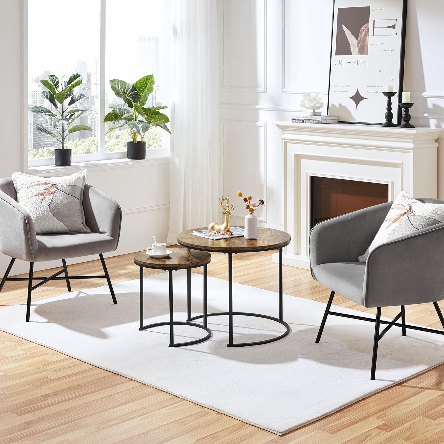 Space Saving Nesting Coffee Table Set 2 Round Rustic Wood Side End Tables Metal
