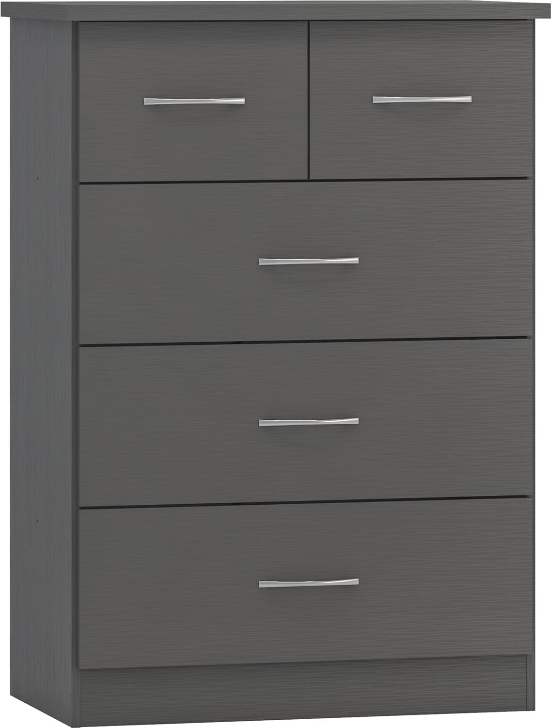 Tall Grey 5 Drawer Chest of Drawers 3D Effect Bedroom Storage Unit