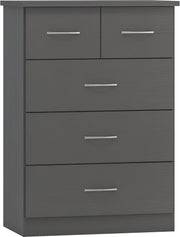 Tall Grey 5 Drawer Chest of Drawers 3D Effect Bedroom Storage Unit