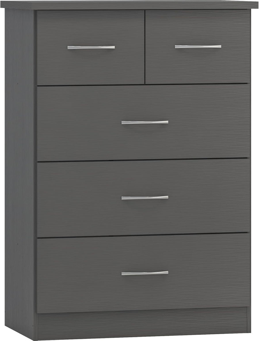 Tall Grey 5 Drawer Chest of Drawers 3D Effect Bedroom Storage Unit