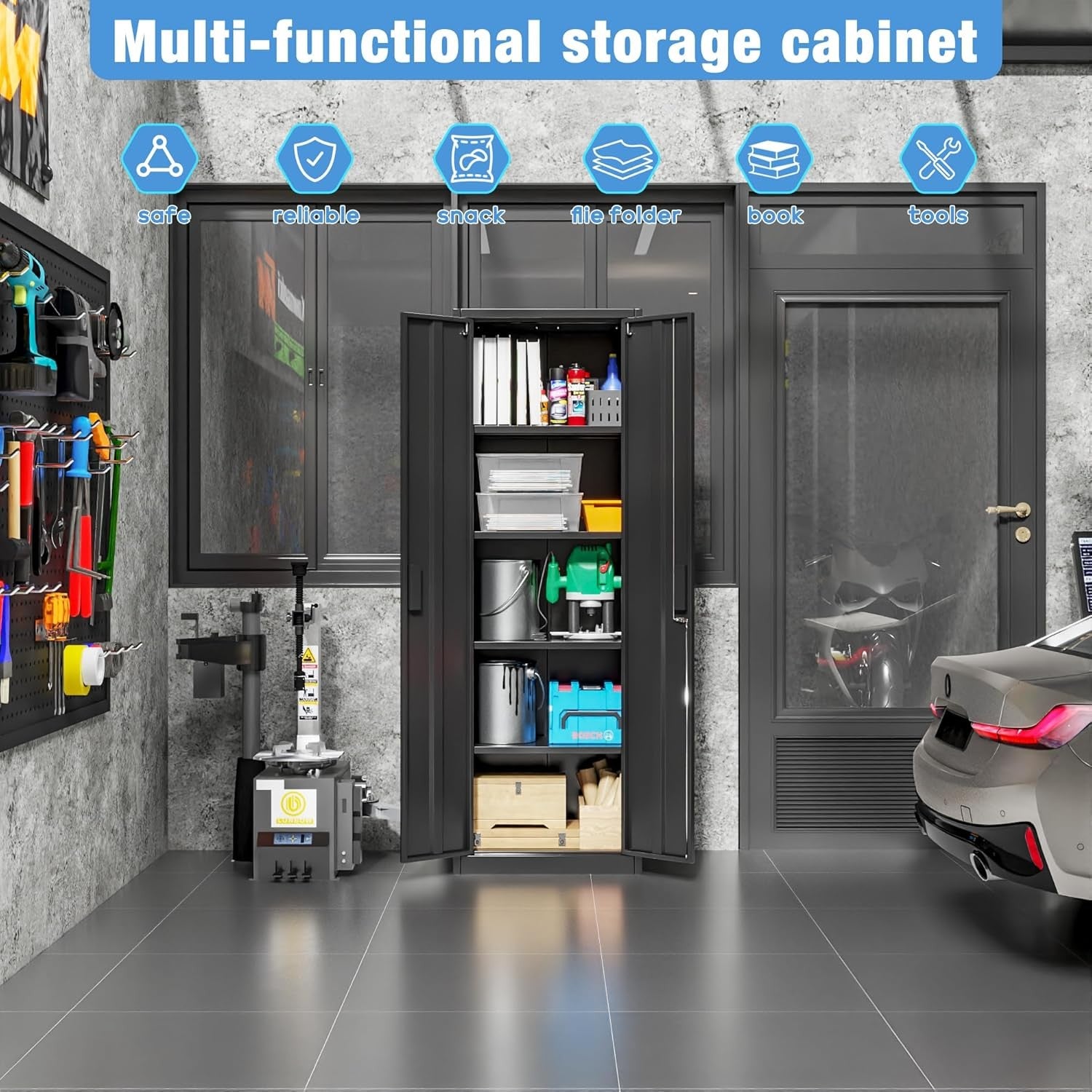 Metal Storage Cabinet 2 Door Lockable Steel Cupboard Adjustable Shelves 180cm