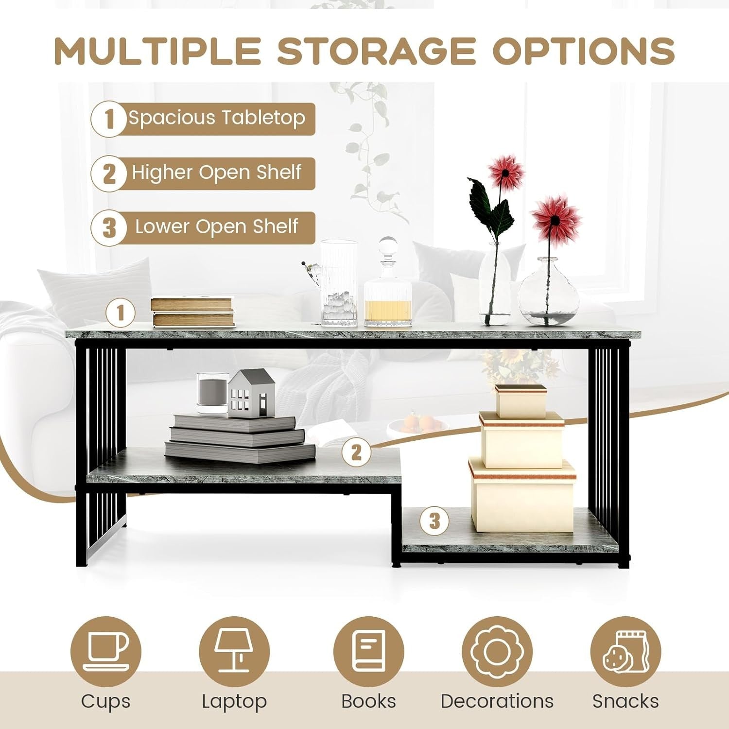 Modern Faux Marble Coffee Table 2-Tier Storage Shelf Rectangular Living Room