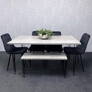 Grey Dining Table Set with Bench & 4 Black Velvet Chairs Hairpin Legs