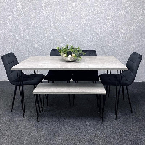 Grey Dining Table Set with Bench & 4 Black Velvet Chairs Hairpin Legs
