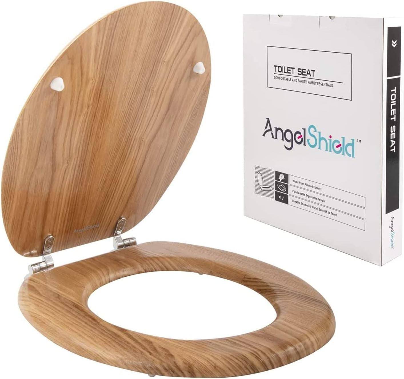 Angel Shield Wooden Toilet Seat Antibacterial Adjustable Hinges Oval Solid Oak