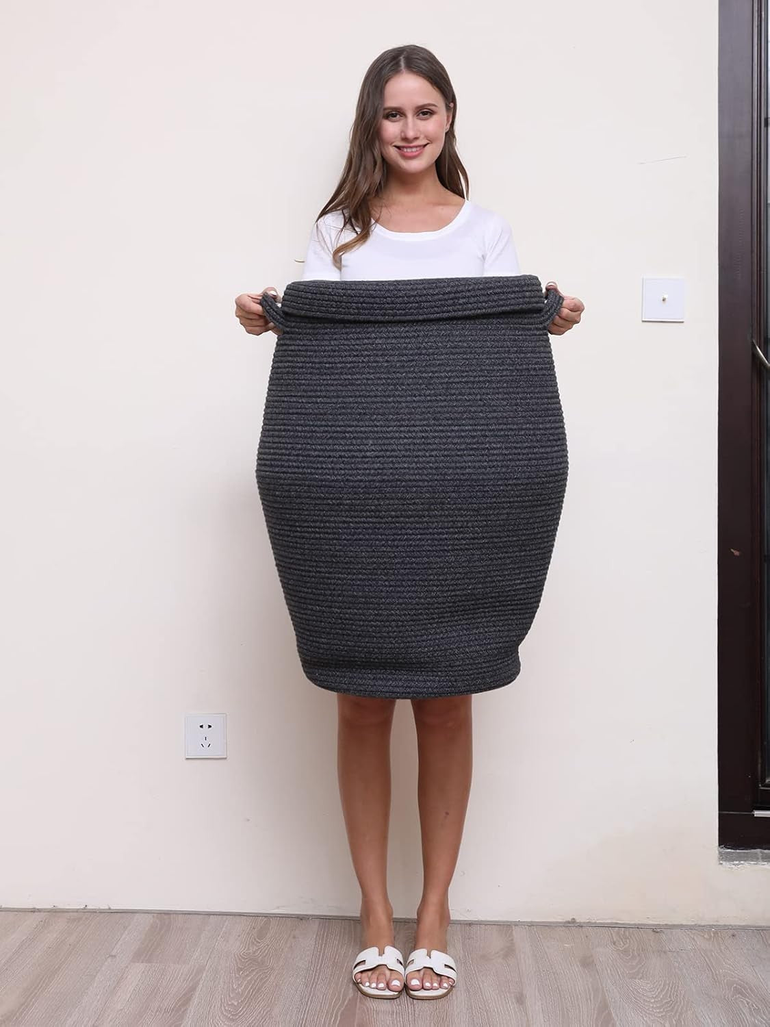 26" Tall Grey Black Cotton Rope Laundry Basket with Lid Large Woven Storage Bin