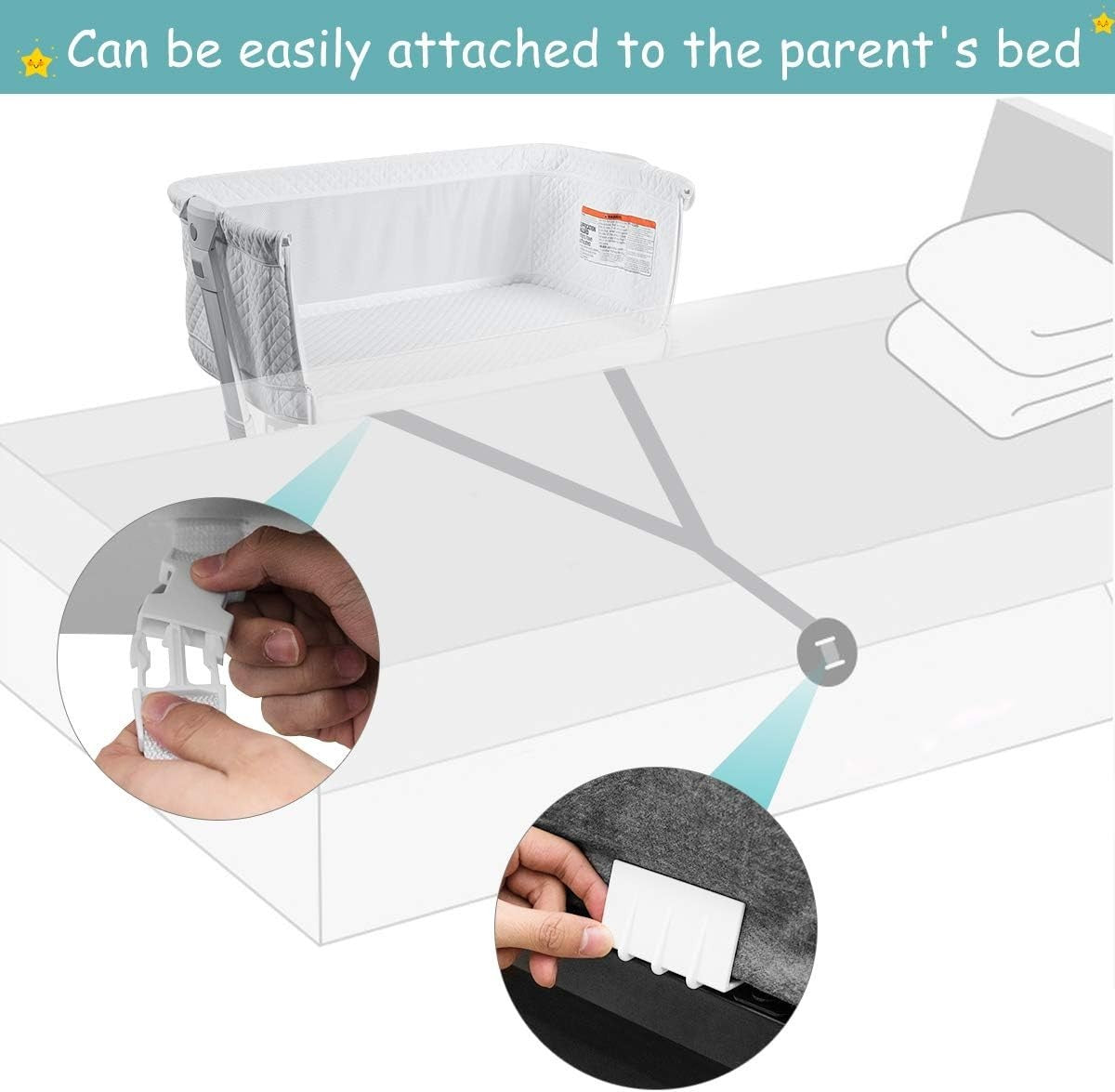 Bedside Baby Crib Adjustable Bassinet with Mattress & Wheels, Breathable White