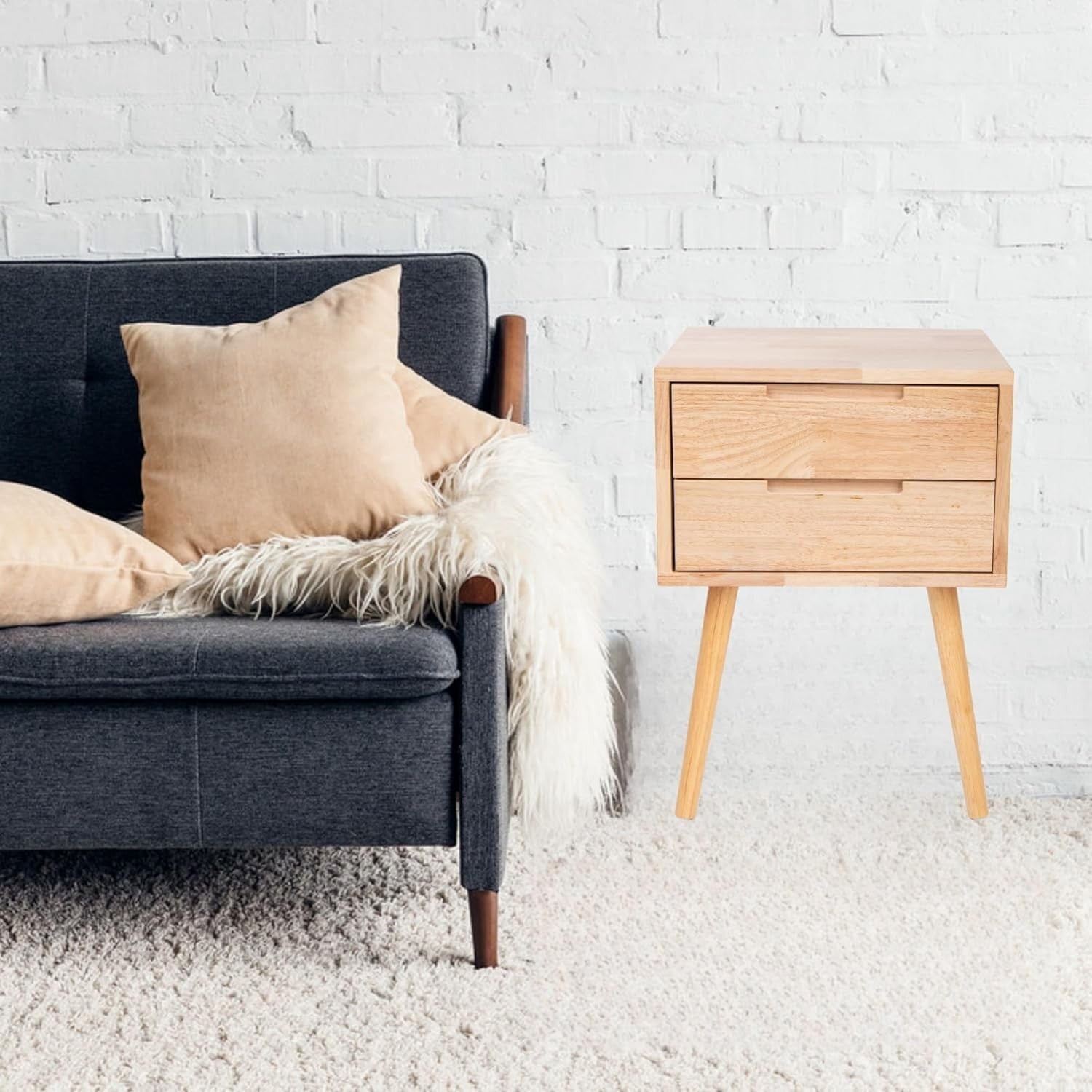 Modern Oak Bedside Table with 2 Drawers Wooden Nightstand Bedroom Storage