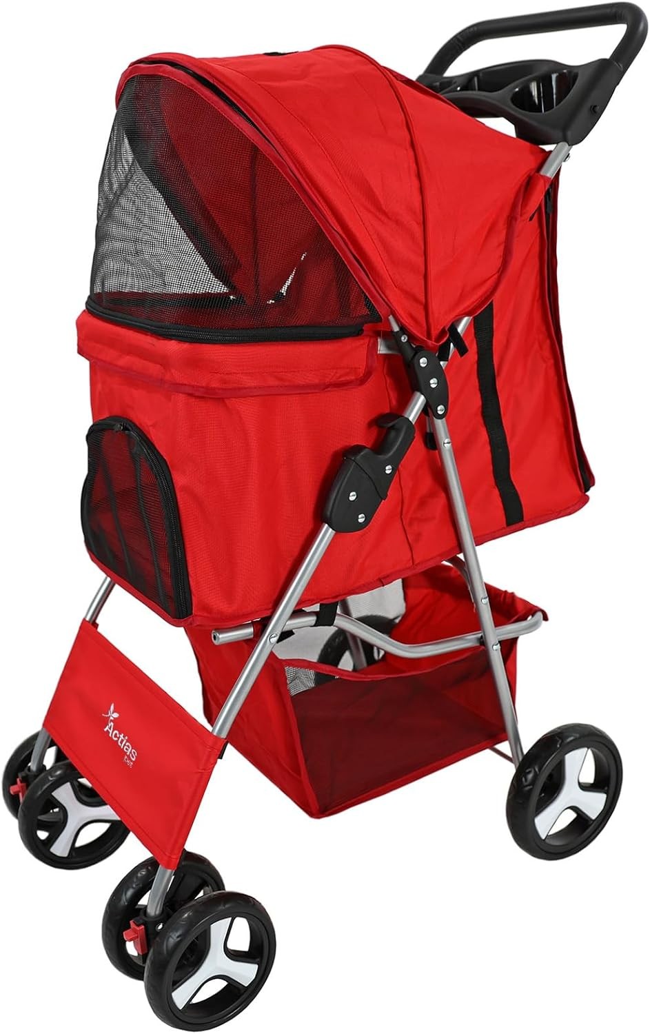 Pet Travel Stroller Dog Cat Pushchair Foldable Swivel Wheels 15kg Red