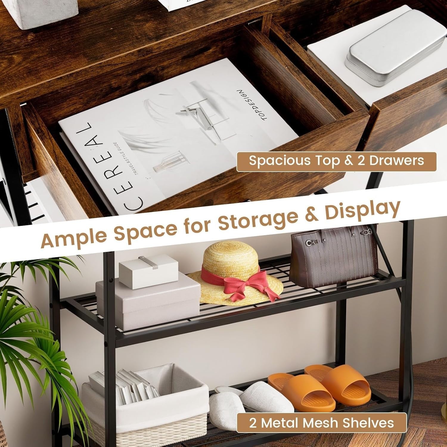Rustic Console Table with Charging Station, Drawers & Metal Storage Shelves