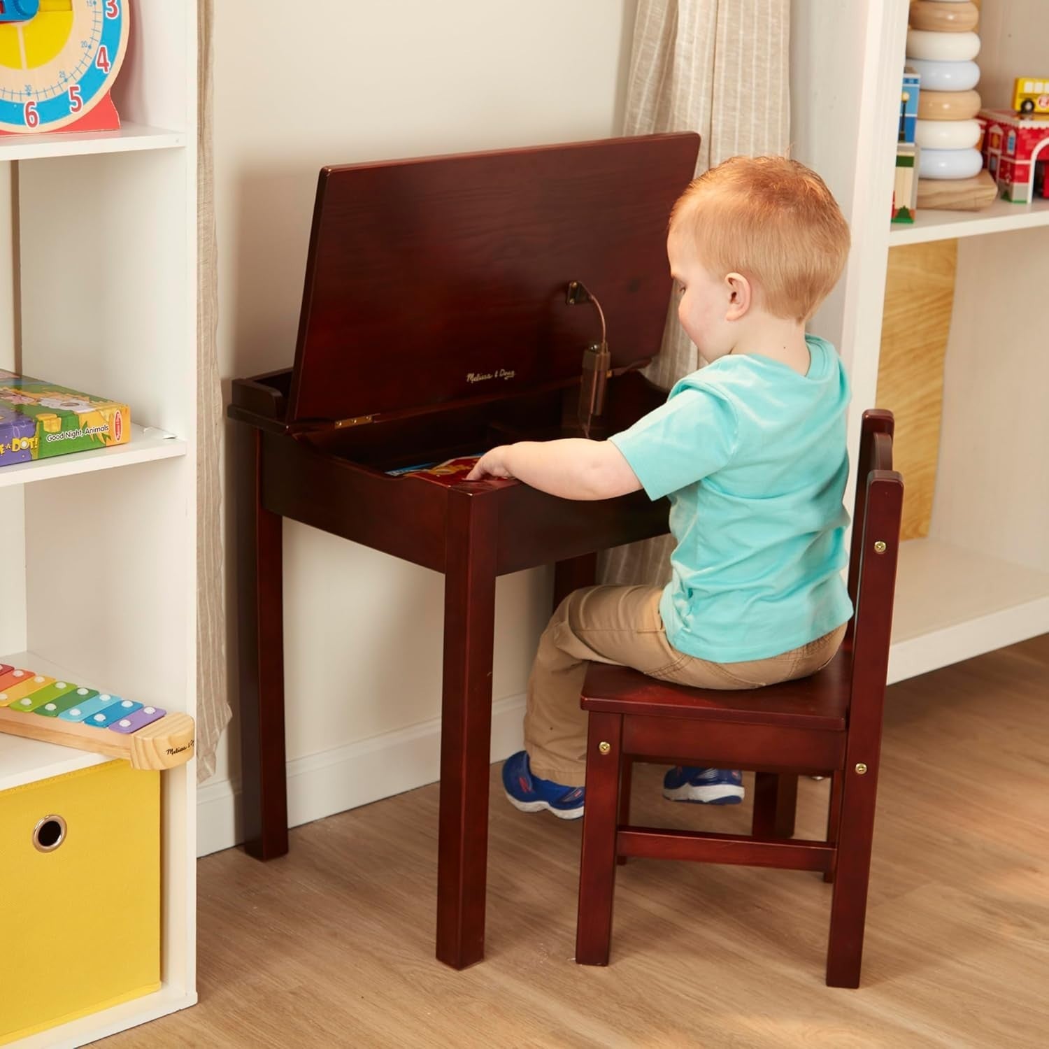Kids Wooden Lift-Top Desk & Chair Set, Espresso, Compact 30.5x57cm
