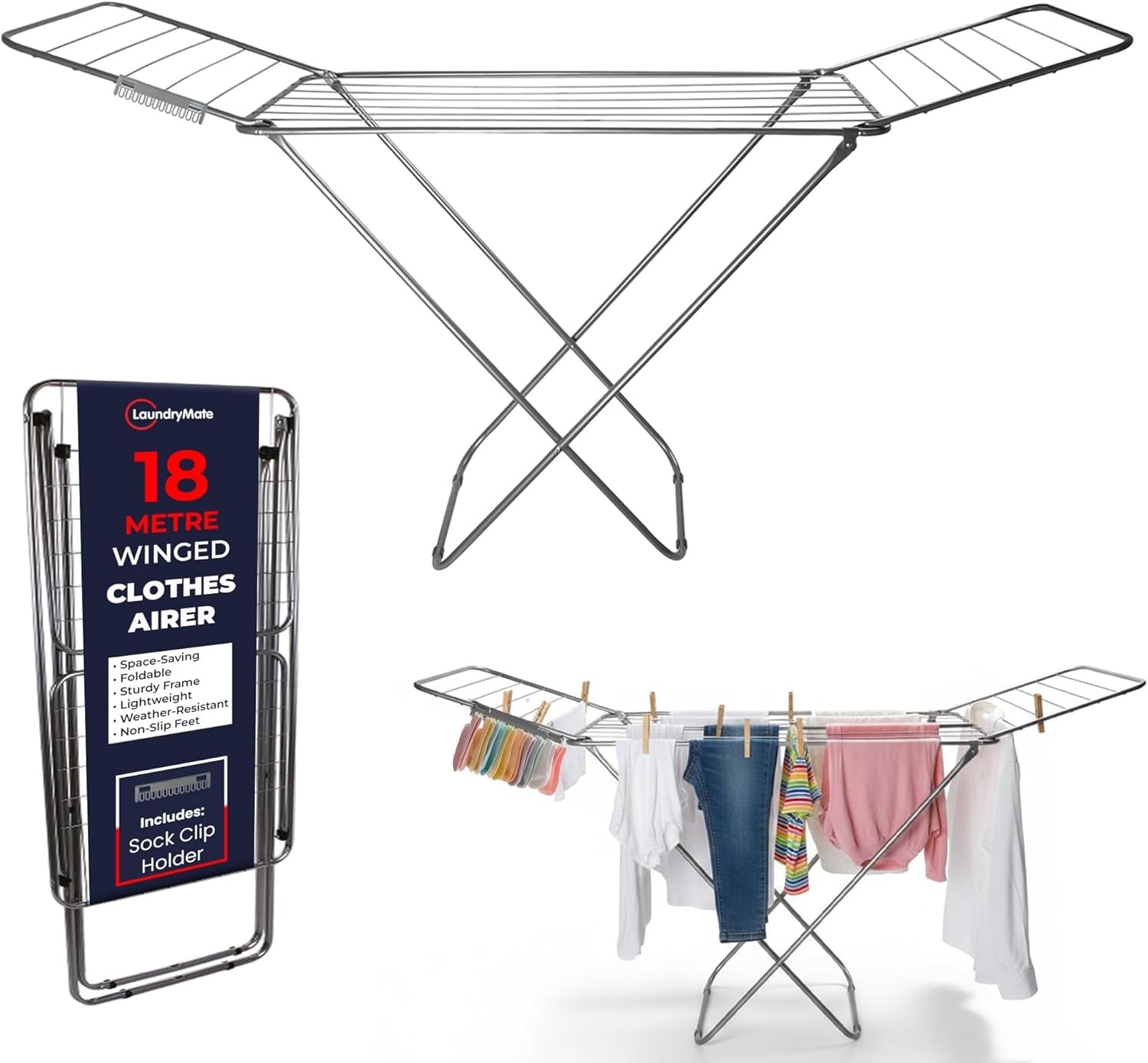 18m Extendable Clothes Airer Winged Folding Laundry Drying Rack Indoor