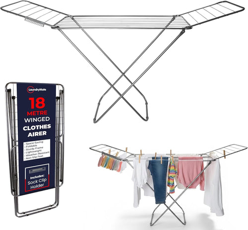 18m Extendable Clothes Airer Winged Folding Laundry Drying Rack Indoor