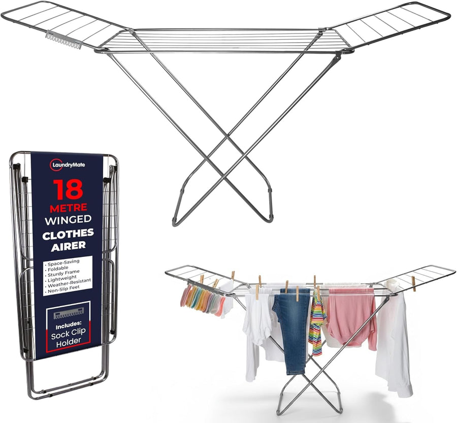 18m Extendable Clothes Airer Winged Folding Laundry Drying Rack Indoor