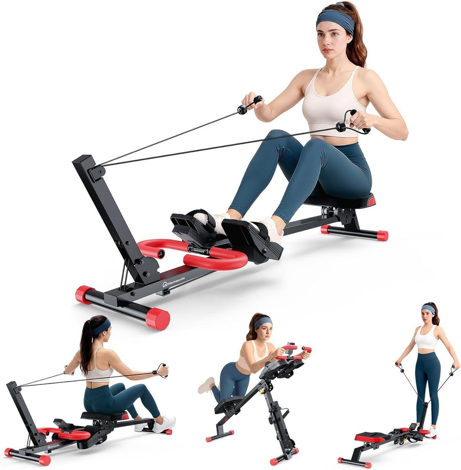 4-in-1 Foldable Rowing & Ab Machine Adjustable Height LCD Home Gym 120KG