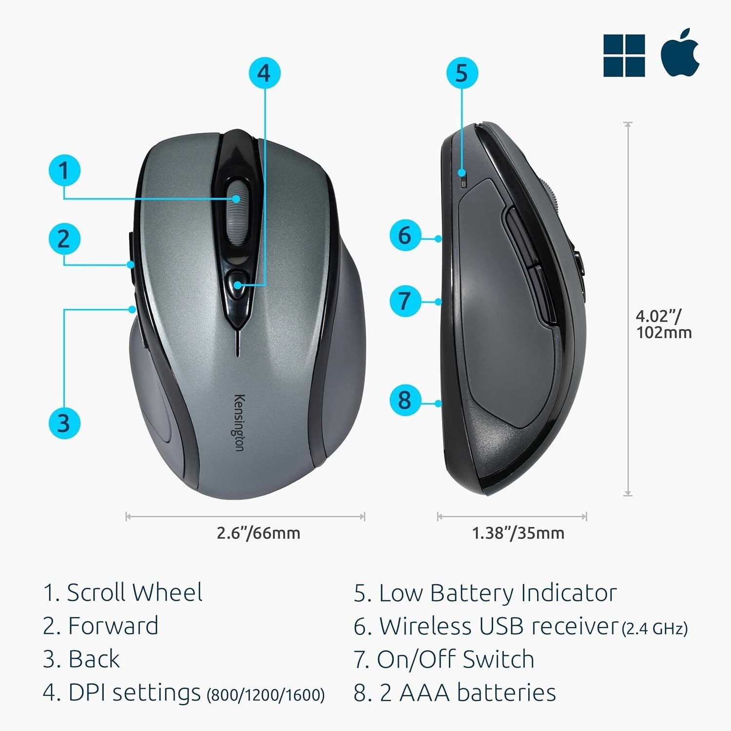 Wireless Mouse Mid Size 5 Button Optical Ergonomic USB Nano