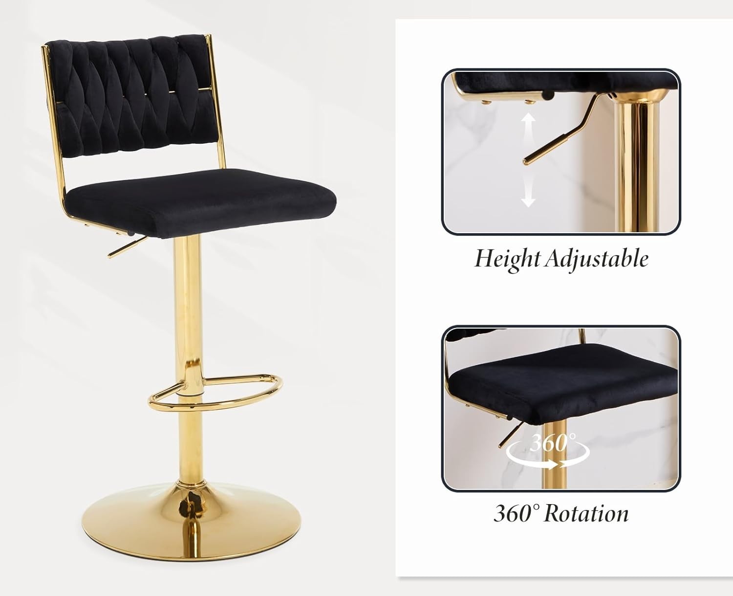 Adjustable Velvet Bar Stools Set of 2 Black Swivel Counter Chairs
