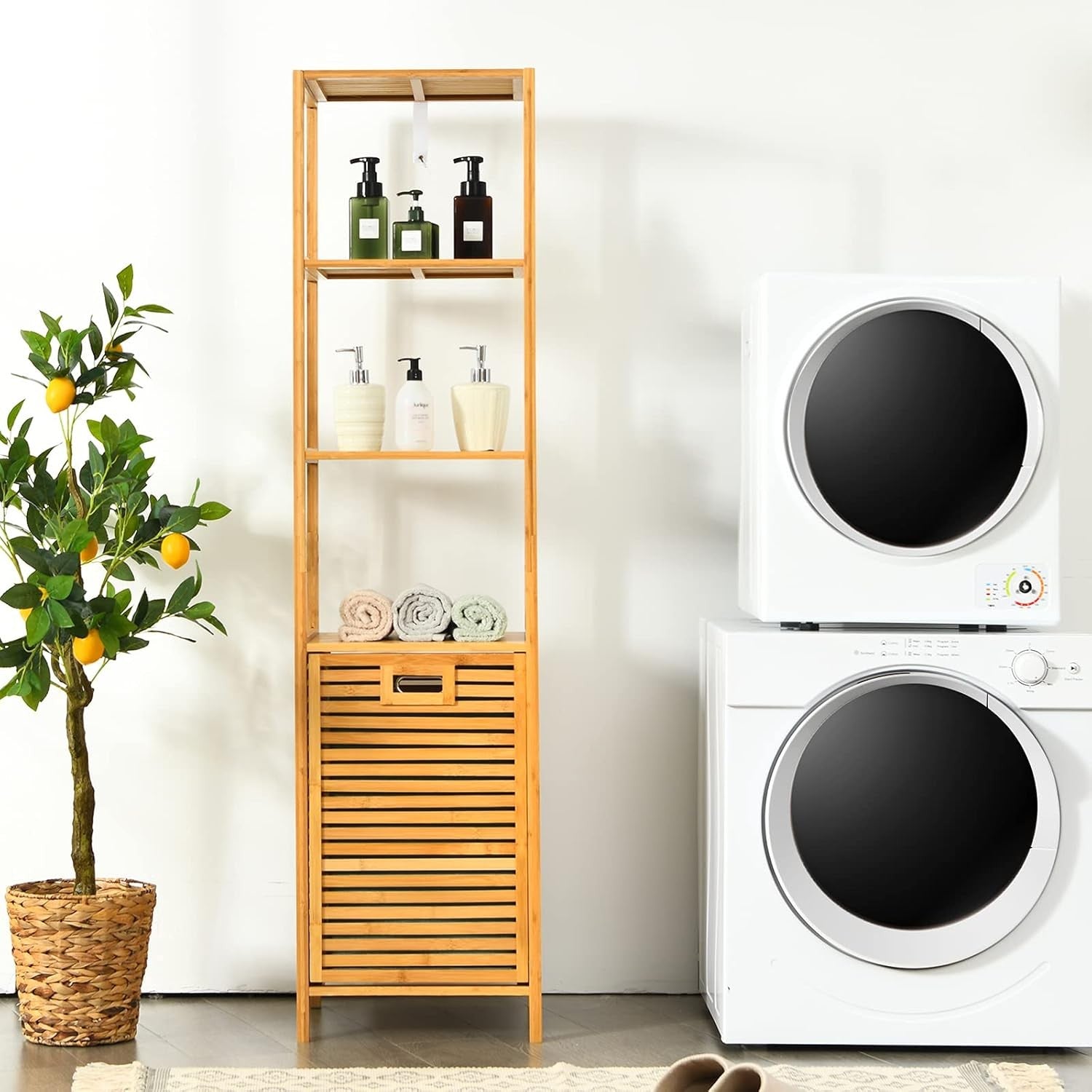 Tall Bamboo Laundry Hamper with 3 Shelves & Tilt-Out Basket | 40×33×160cm