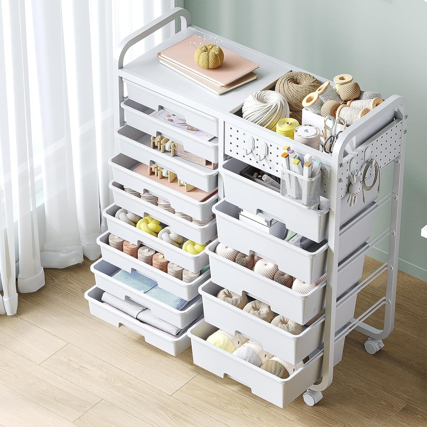 14 Drawer Craft Storage Trolley Cart with Pegboard & Wheels White