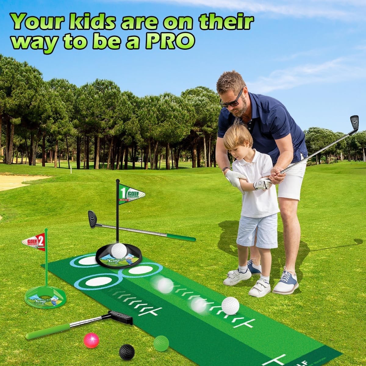 Kids Golf Set Dinosaur Auto Ball Return LED Golf Balls Putting Mat 26”