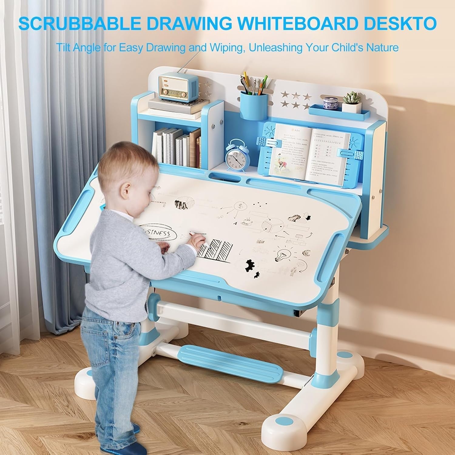 Adjustable Kids Desk & Chair Set w/ Tilting Top, Drawer & Posture Support