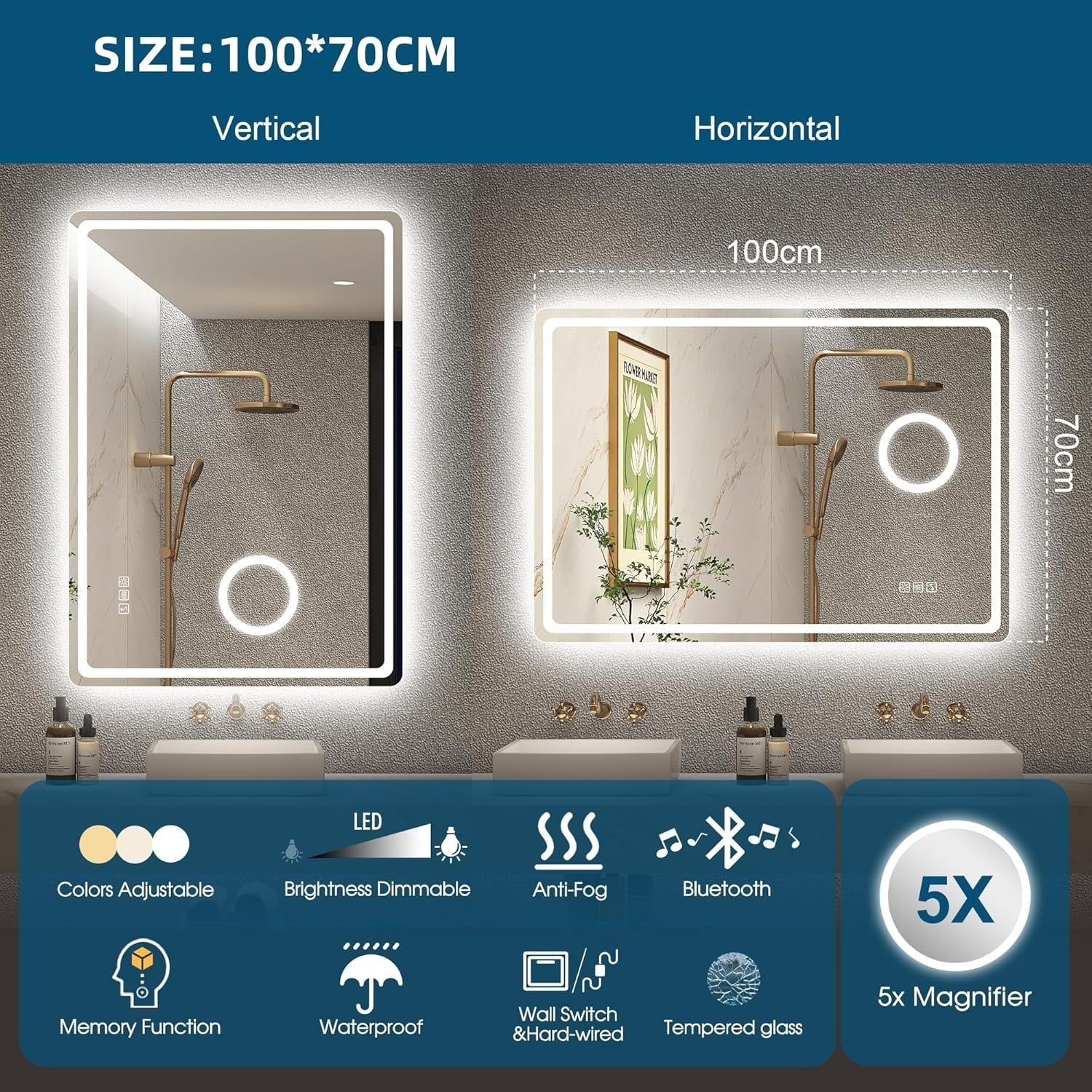LED Bathroom Mirror 70x100 cm with Bluetooth, 5x Magnifier, Anti-Fog