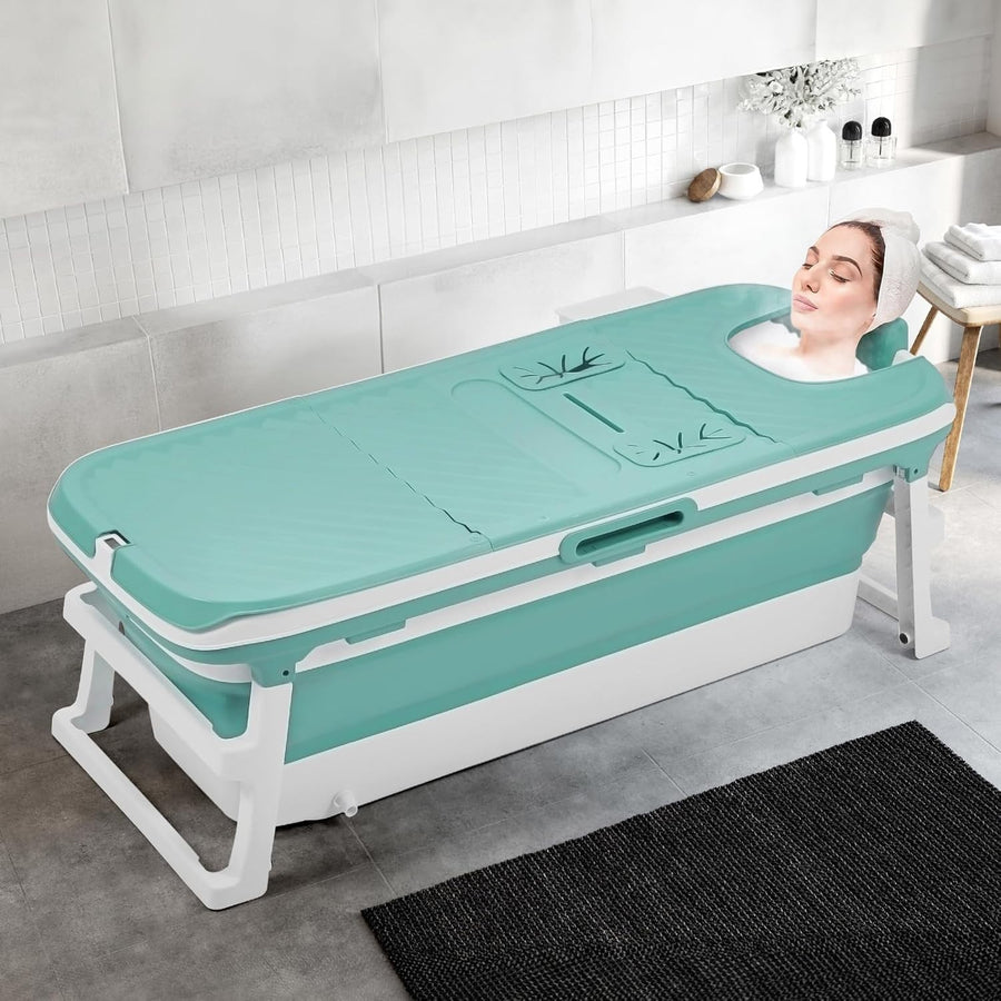 Portable Foldable Adult Bathtub 153x54x61cm Blue Freestanding Spa Bath with Lid