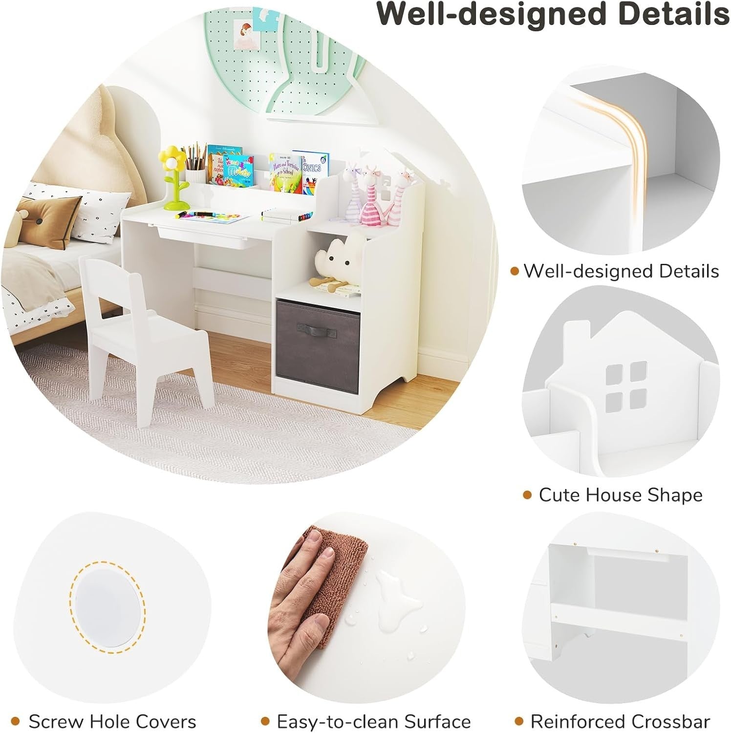 Kids Wooden Desk and Chair Set w/ Drawer Shelves Storage Bin Study Table White