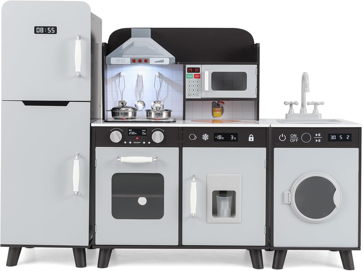 Large Wooden Kids Play Kitchen Set Light Sound Fridge Washer Brown