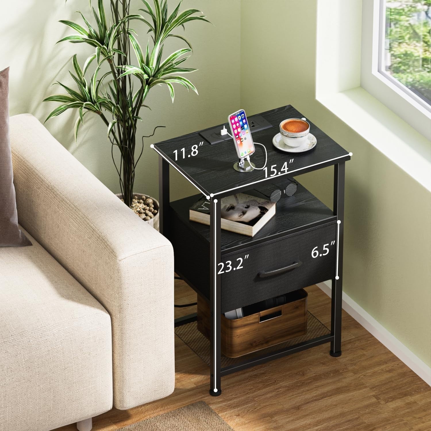 Modern Black LED Bedside Table with Drawer, USB Charging Ports & Shelf