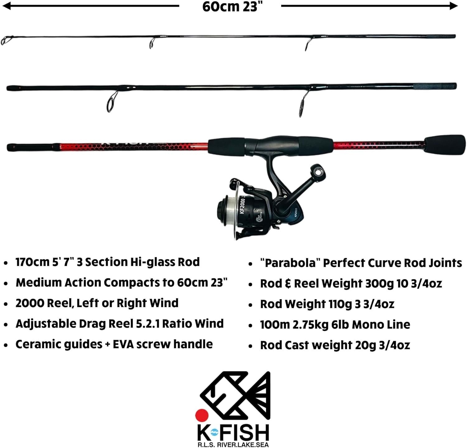 3-Section Fishing Rod Reel Combo Kit with Tackle Box Lures 170cm