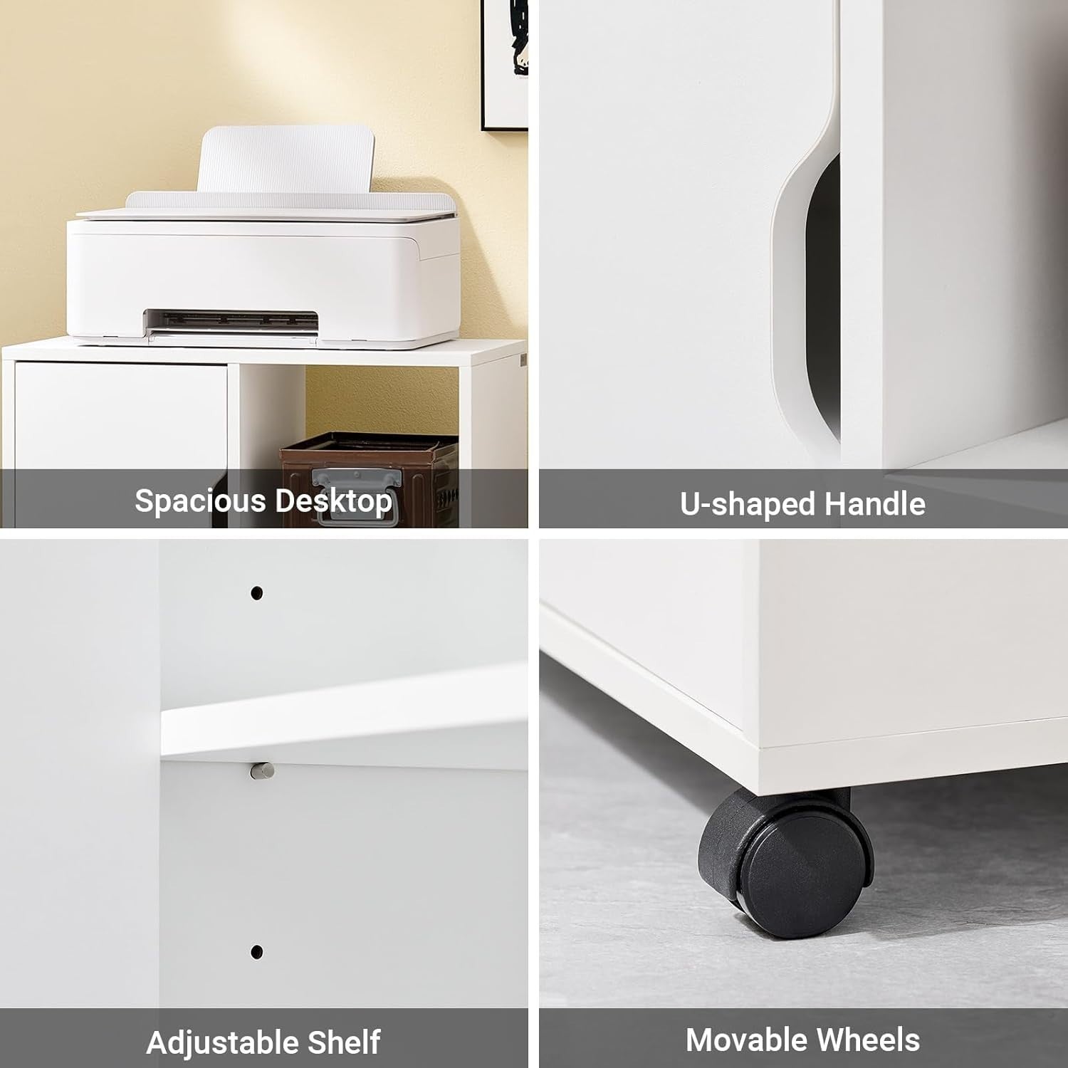 White Mobile Printer Cabinet 2 Drawer 1 Door Under Desk Storage