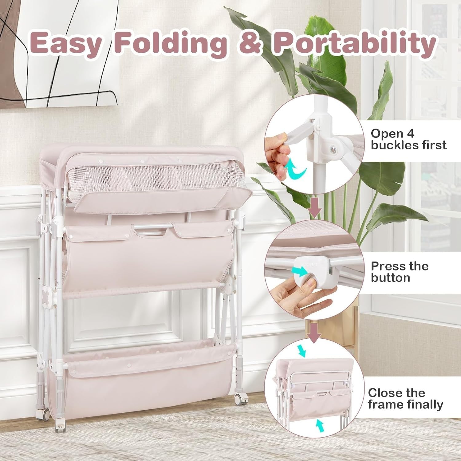Baby Changing Table Folding Nursery Station with Wheels & Storage Beige