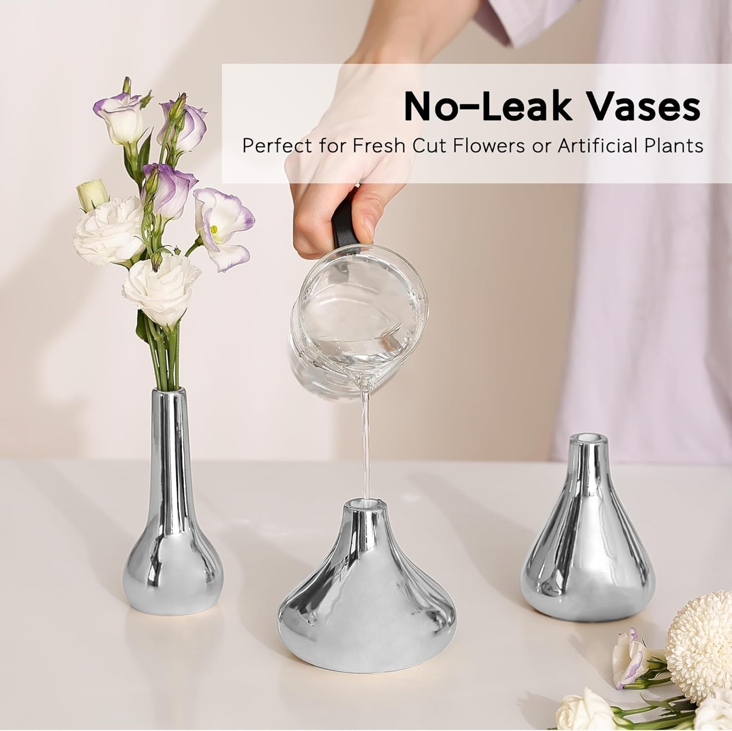 Silver Bud Vase Set of 3 Modern Table Centerpiece Wedding Home Decor