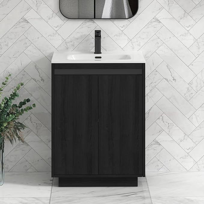 600mm Black Floor Standing Vanity Unit with Basin Sink 2 Door Bathroom Cabinet