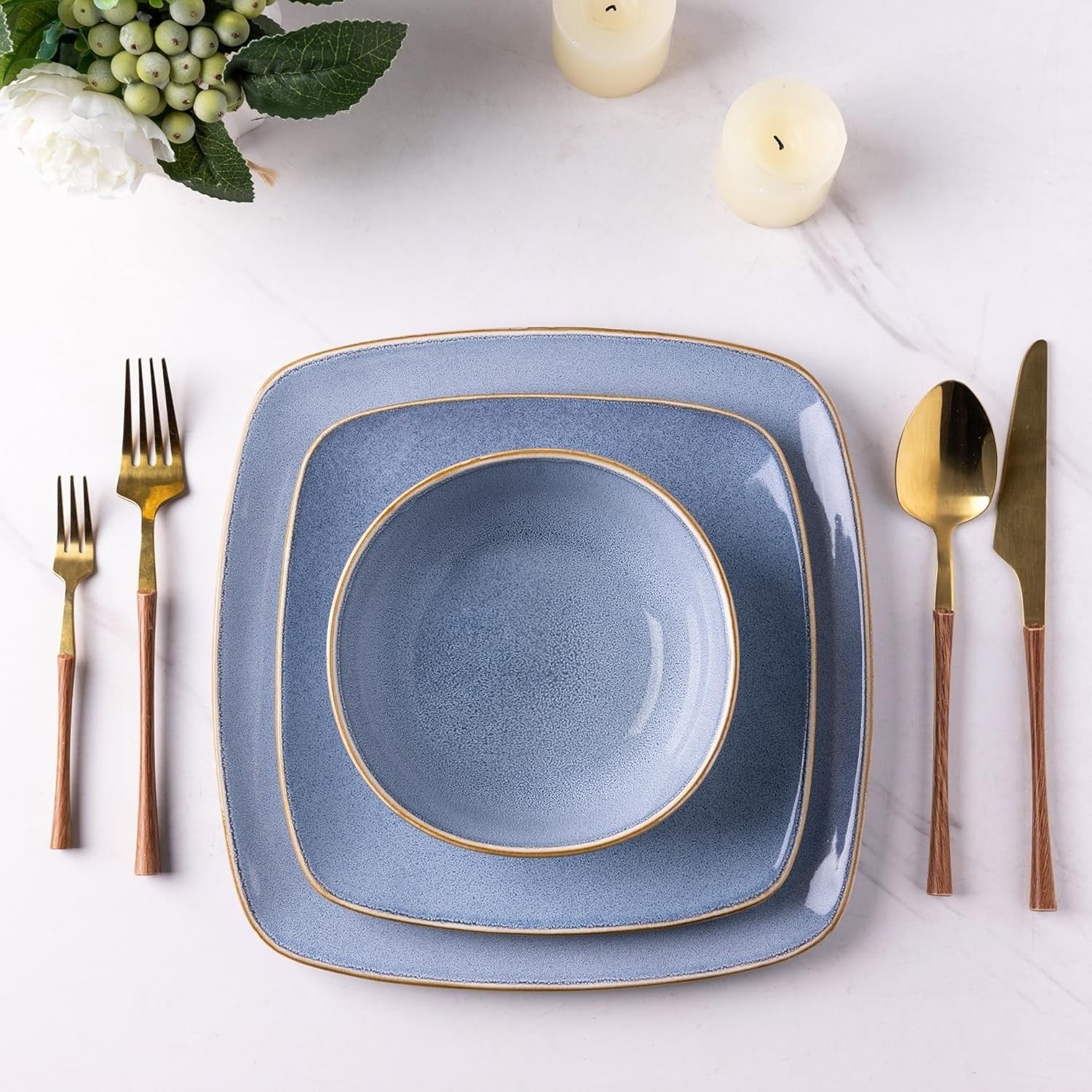 12pc Square Dinnerware Set Reactive Blue Stoneware Scratch Resistant Dishwasher
