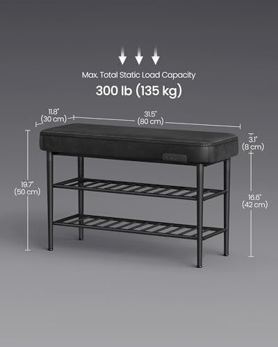 Mid Century Shoe Bench 3 Tier Storage Seat Faux Leather 135kg Load 80cm Black
