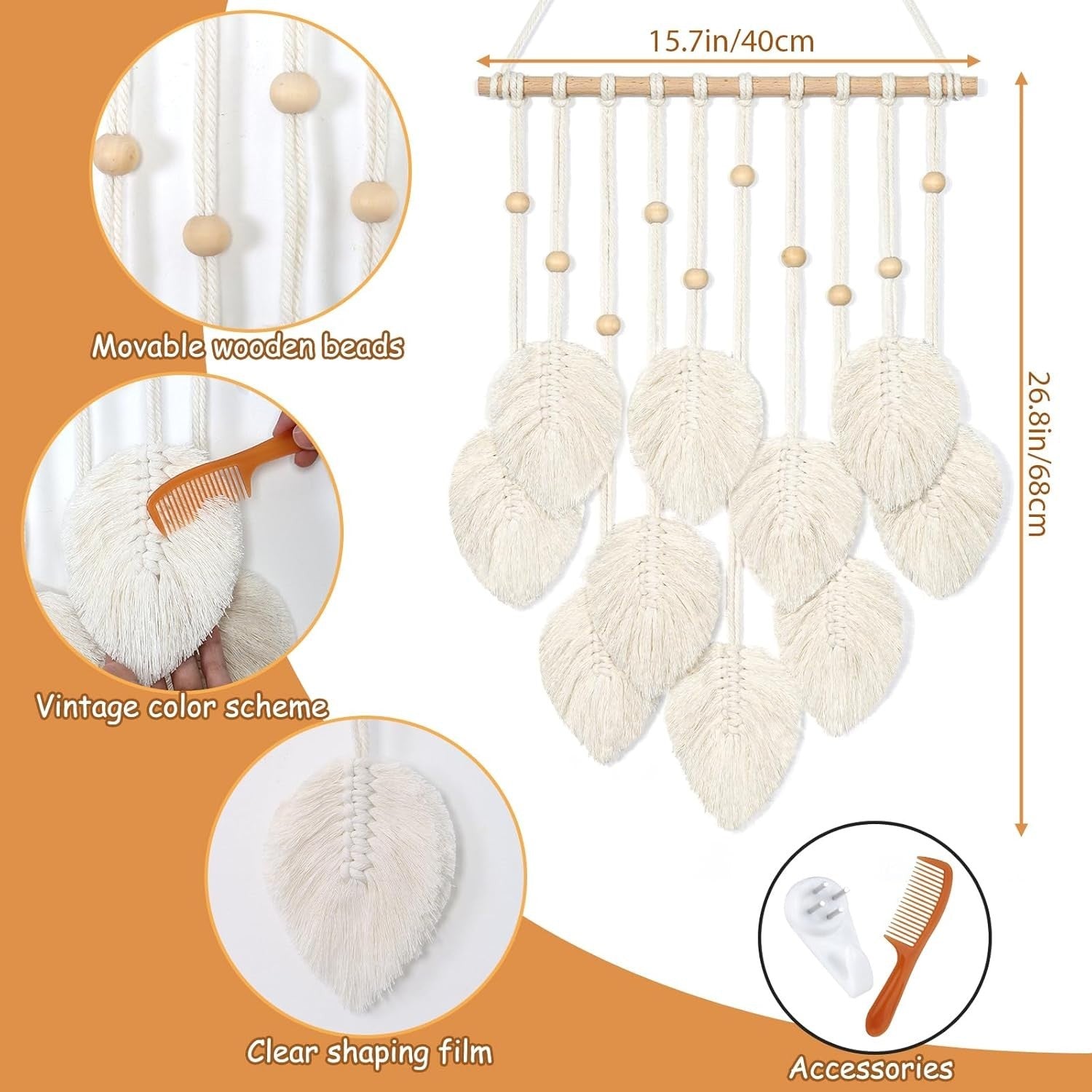 Macrame Wall Hanging Beige Leaf Boho Tassel Wall Decor Handmade